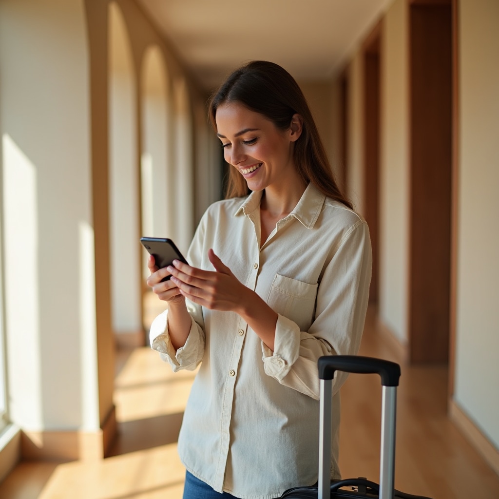 Ospite che completa il check-in online su smartphone prima dell'arrivo in B&B